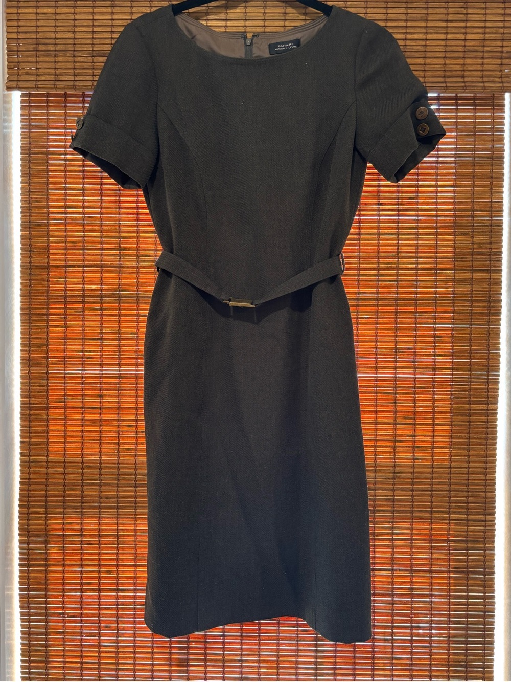 Tahari Short-Sleeve Belted Sheath Dress in Olive/Brown